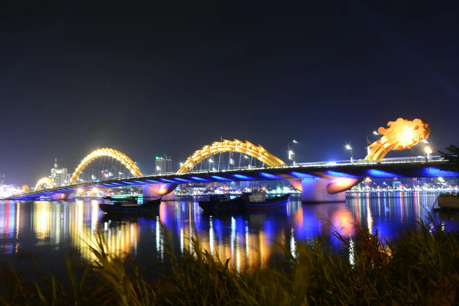 The Dragon Bridge lit up at night over the Han River, Da Nang